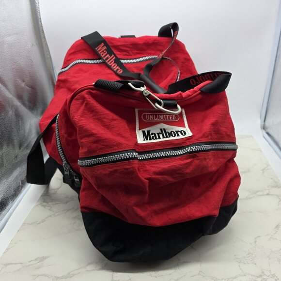 Vintage Marlboro Unlimited Duffle Bag Red Black Nylon Sports Gym Carry On Large - Picture 6 of 14